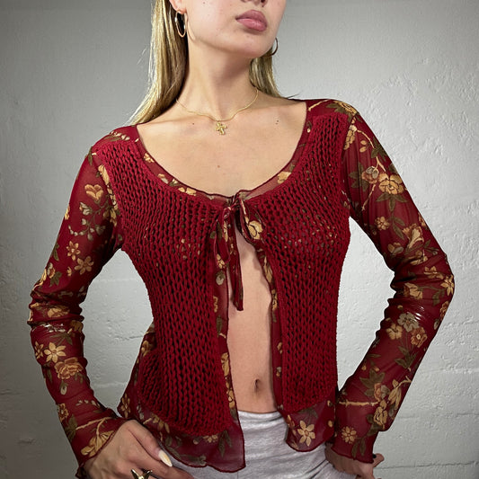 Vintage 2000's Forest Fairy Red Mesh and Crochet Longsleeve Top with Floral Print (M/L)