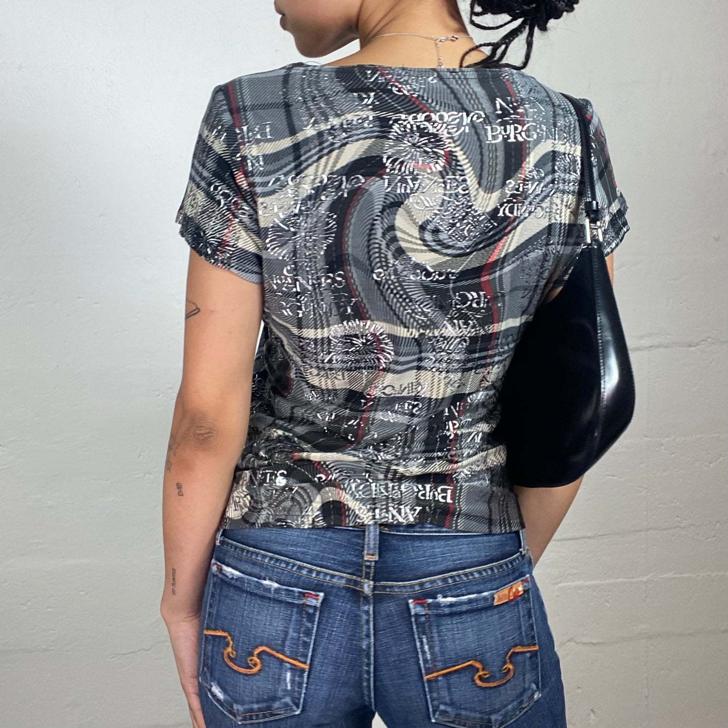 Vintage 2000's Downtown Girl Grey Abstract Print Short-Sleeved Top with Asymmetric Neck Cut and Eyelet Details (S)