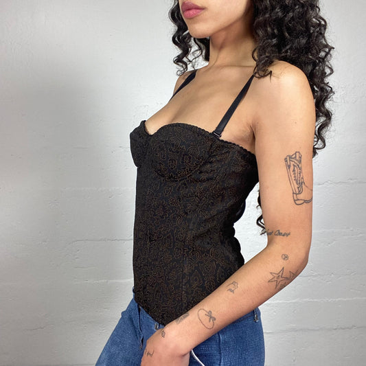 Vintage 2000's Classy Brown Baroque Satin Printed Corset Top (M)
