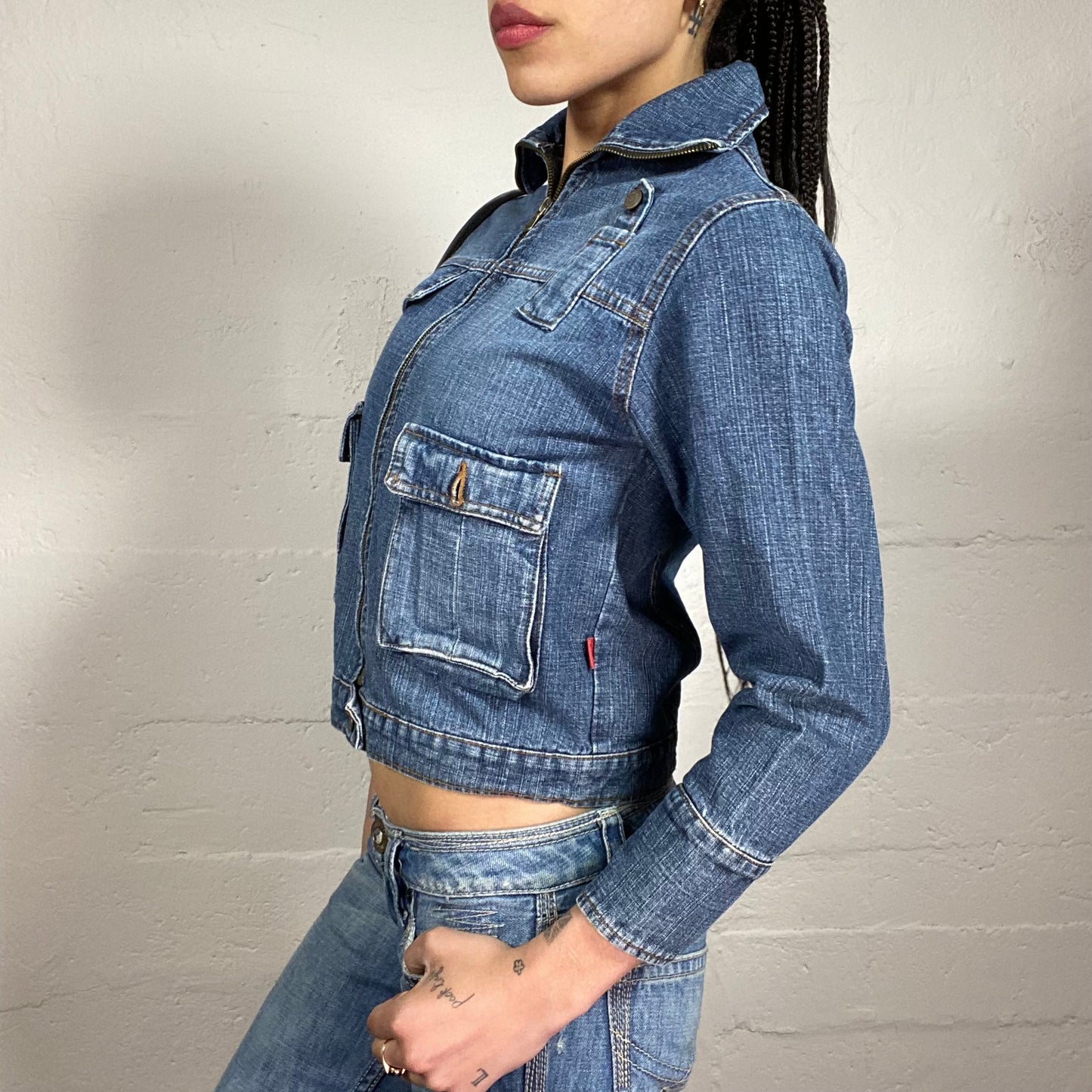Vintage 2000’s Downtown Girl Classic Blue Zip Up Collared Denim Jacket with Pocket Details (S)
