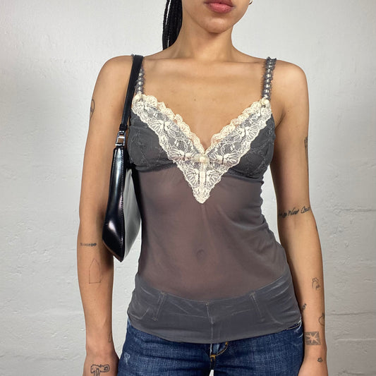 Vintage 2000's Soft Girl Brown Mesh See Through Cami Top with White Lace Decorated Bra (M)