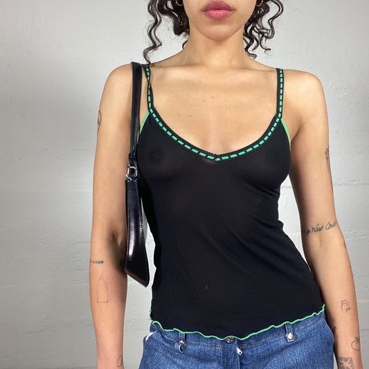 Vintage 2000's Casual Black Mesh Classic Cami Top with Lime Green Trim and Seaming (S)