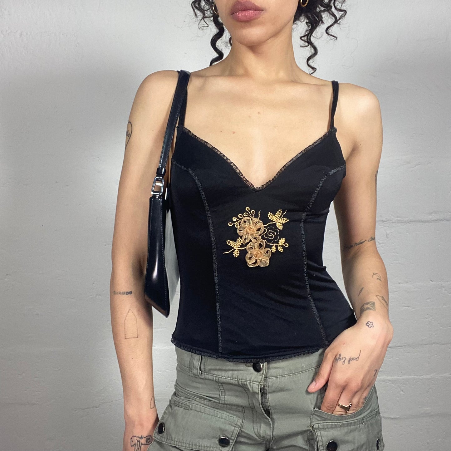 Vintage 2000's Romantic Black Corset Style Cami Top with Beige Floral Embroidery (S)