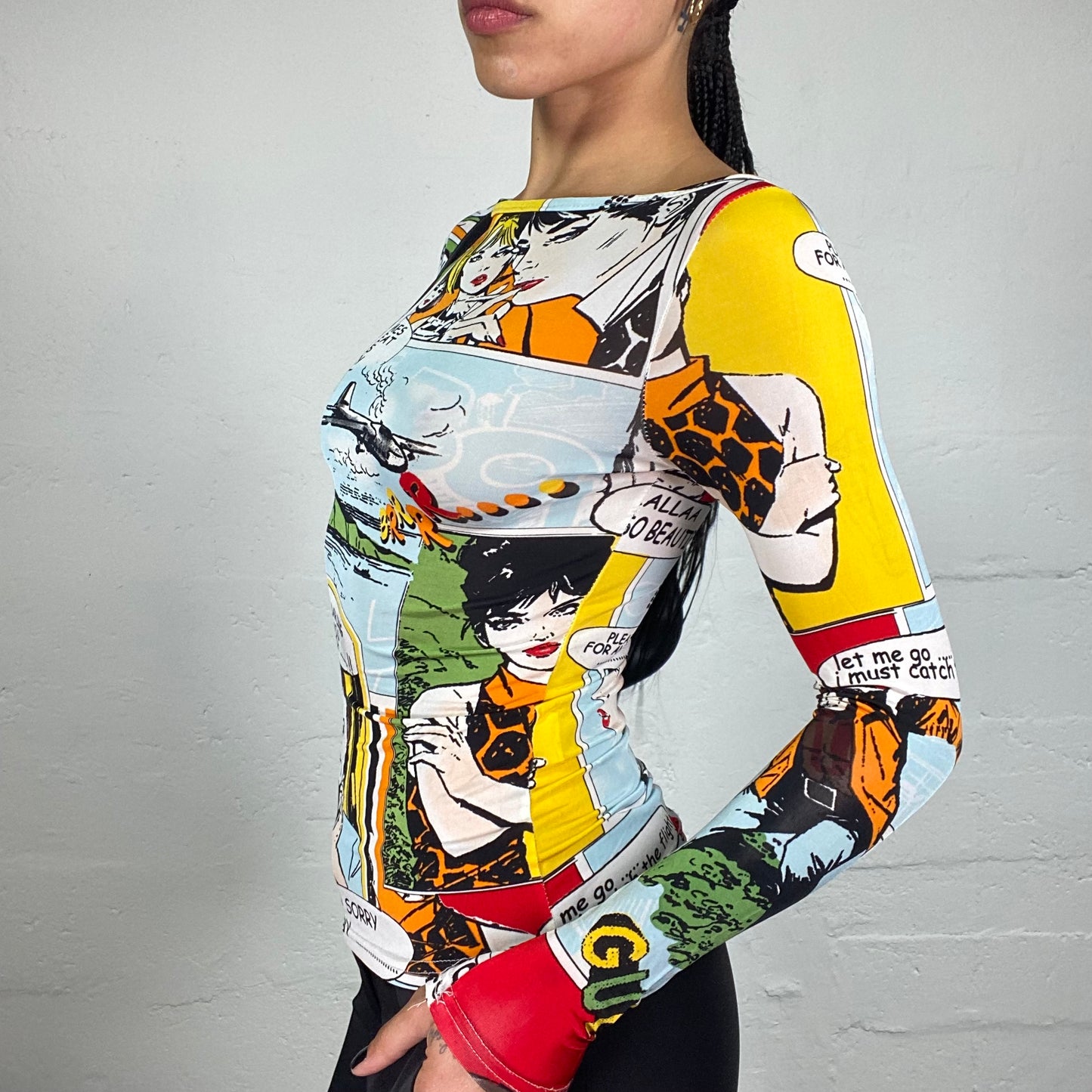Vintage 2000's Downtown Girl Pop Art Style Multicoloured Print Longsleeve Top (S)