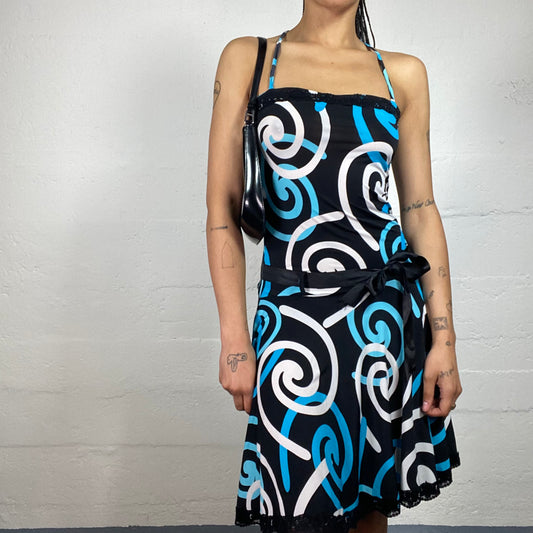 Vintage 2000's Summer Downtown Girl Black White and Blue Spirals Printed Neckholder Dress with Satin Ribbon Detail (S)