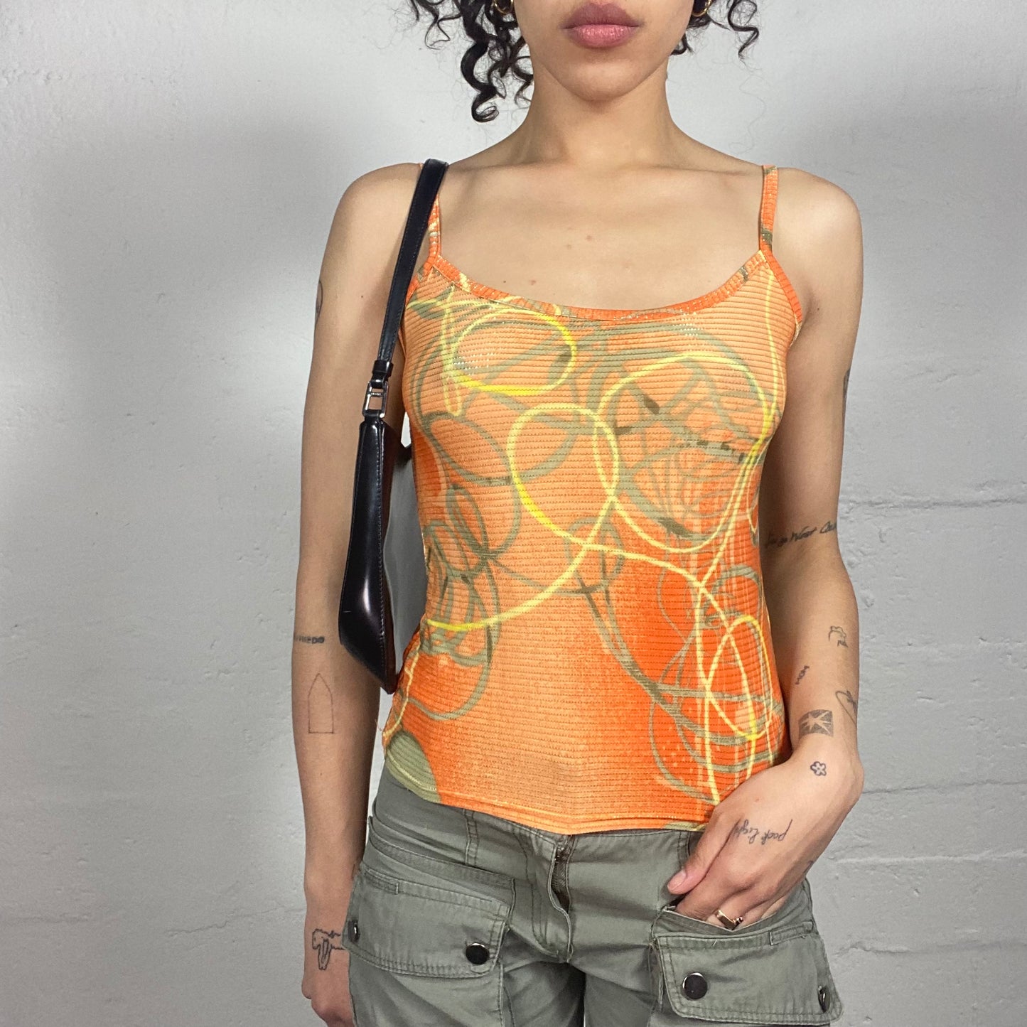 Vintage 2000's Casual Boho Orange Cami Top with Futuristic Print (S)