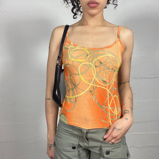 Vintage 2000's Casual Boho Orange Cami Top with Futuristic Print (S)