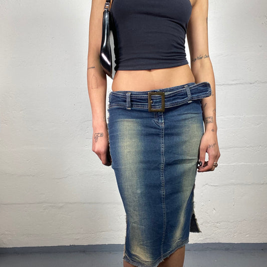 Vintage 2000's Downtown Girl Blue Washed Out Office Fit Denim Skirt with Belt (S)