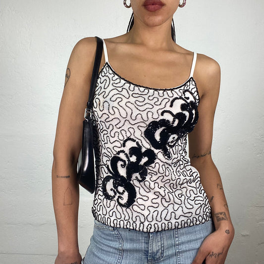 Vintage 2000’s Downtown Girl White Jersey Cami Top with Black Abstract Rhinestone Embroidered Pattern (S)
