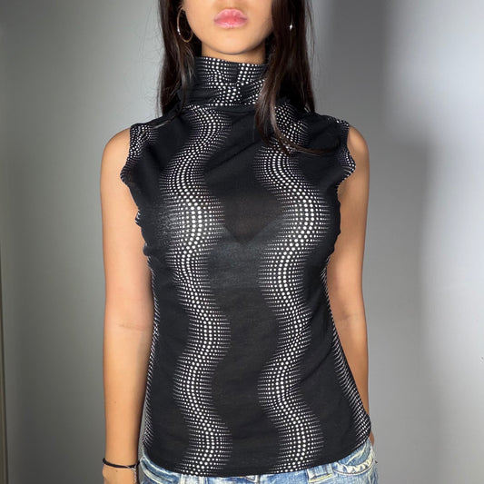 Vintage 90’s Boho Black Sleeveless Turtleneck Top with Dot Print (M)