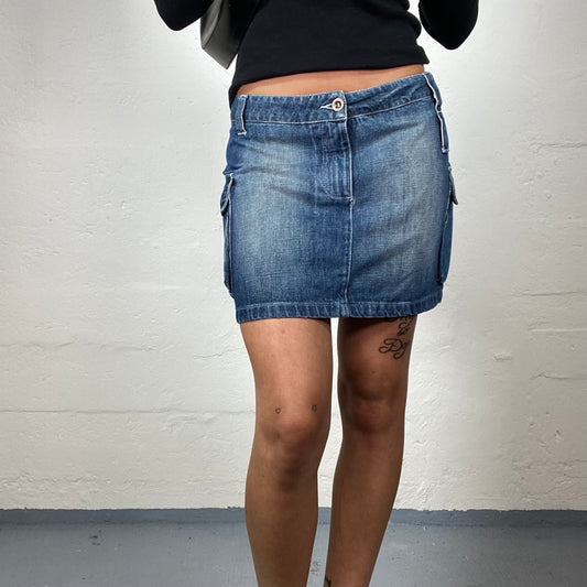Vintage 2000's Skater Girl Blue Denim Mini Skirt with Beige and Black Typo Print (M)
