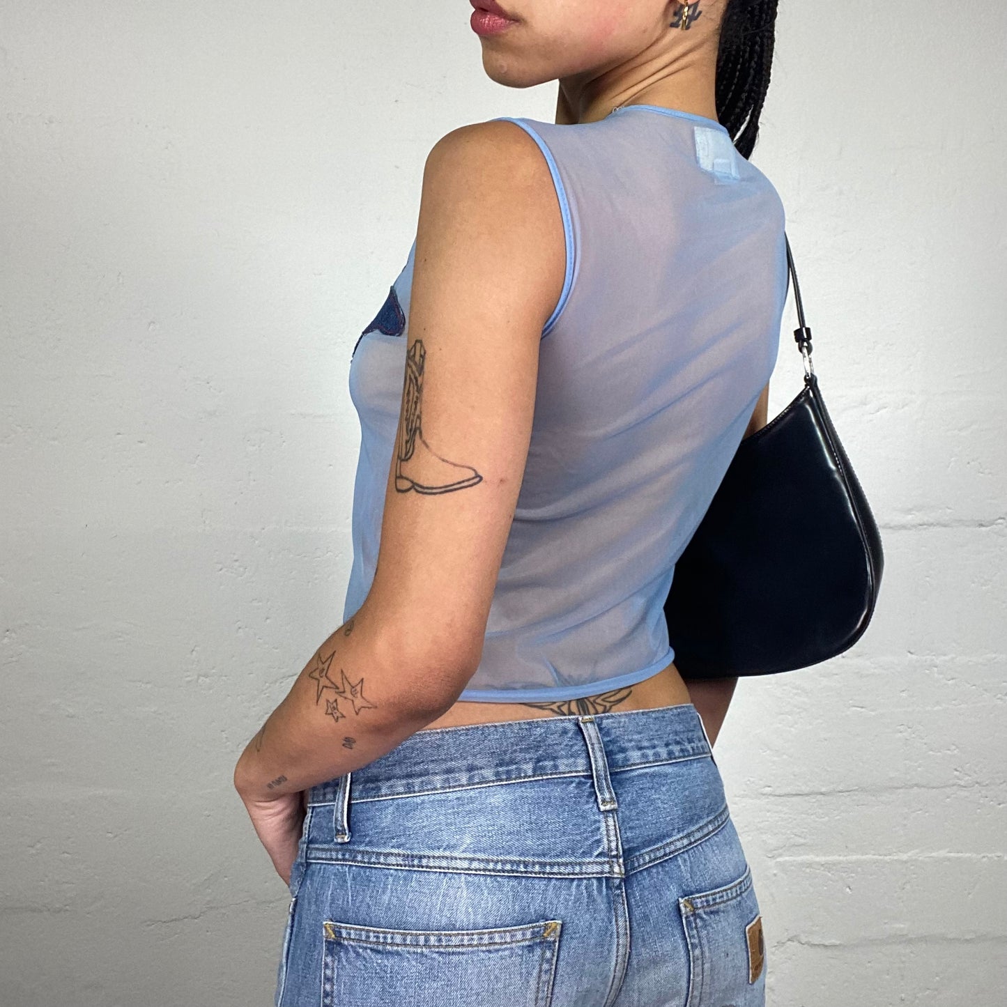 Vintage 2000's Downtown Girl Miss Sixty Mesh See Through Blue Tank Top with Butterflies Embroidery (S)