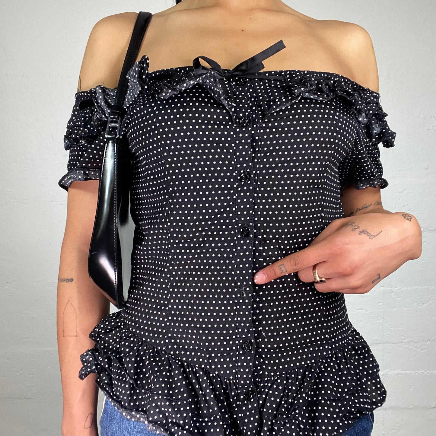 Vintage 2000's Morgan Coquette Black Off Shoulder Button Up Polka Dot Printed Top with Ribbon Detail (M)