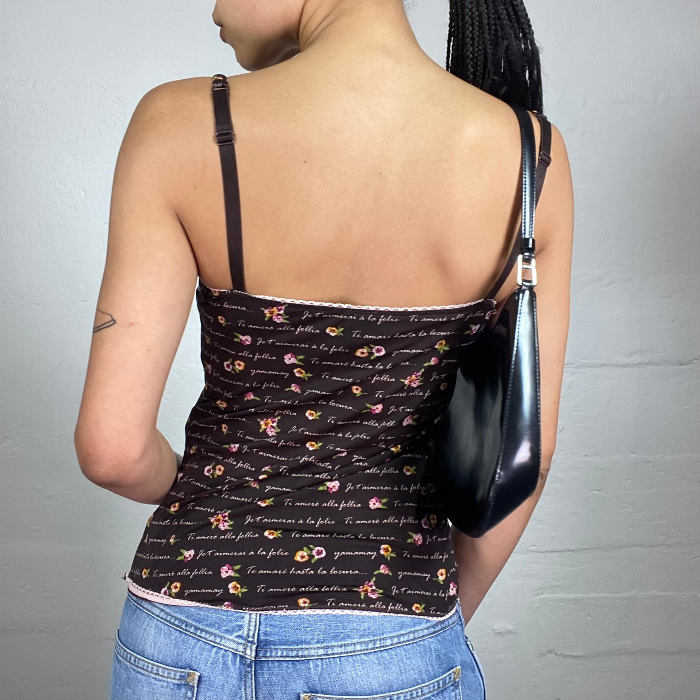 Vintage 2000's Romantic Brown White Typography and Mini Flowers Printed Cami Top (S)