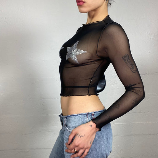 Vintage 2000's Popstar Mesh See Through Black Longsleeve Top with Silver Stars (S)