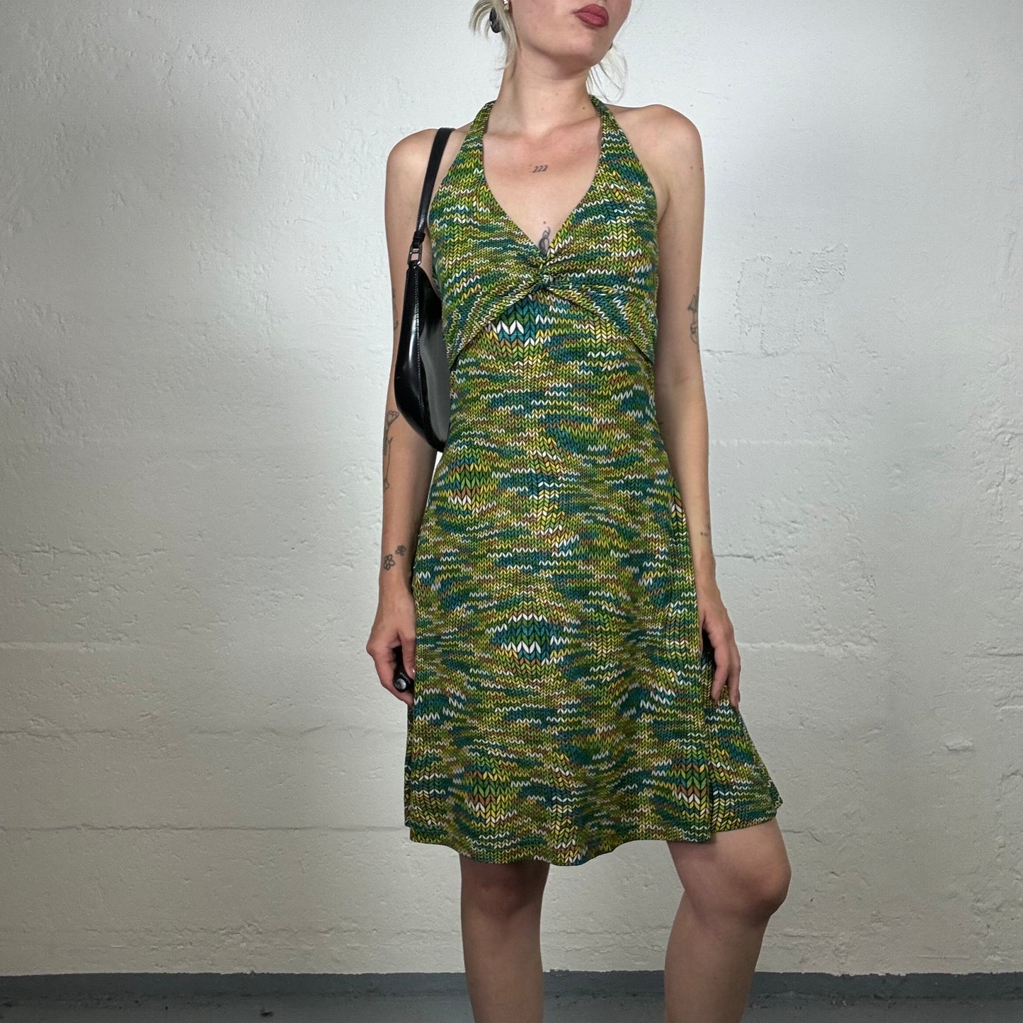 Vintage 2000's Summer Fairy Cute Green Neckholder Wrap Bra Neckholder Dress with Knit Effect Print (S)