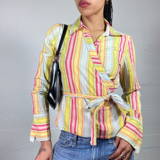 Vintage 2000's Fun Summer Yellow Pink and Blue Striped Wrapped Up Collared Shirt with Waist Binding (S)