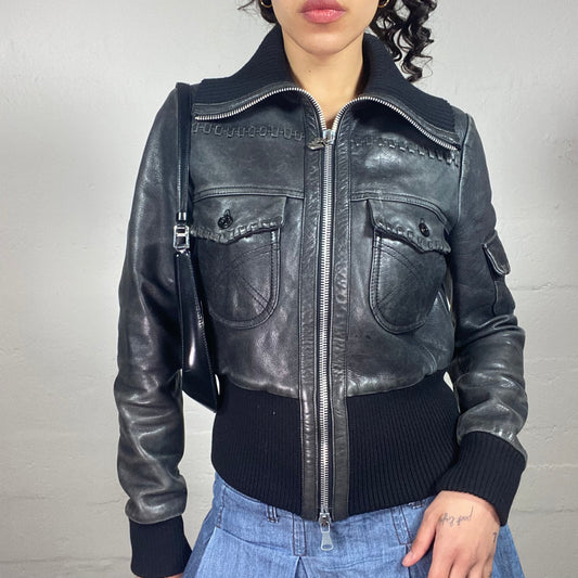 Vintage 2000's Guess Grunge Black Leather Bomber Jacket with Rubber Cut Ins (S)