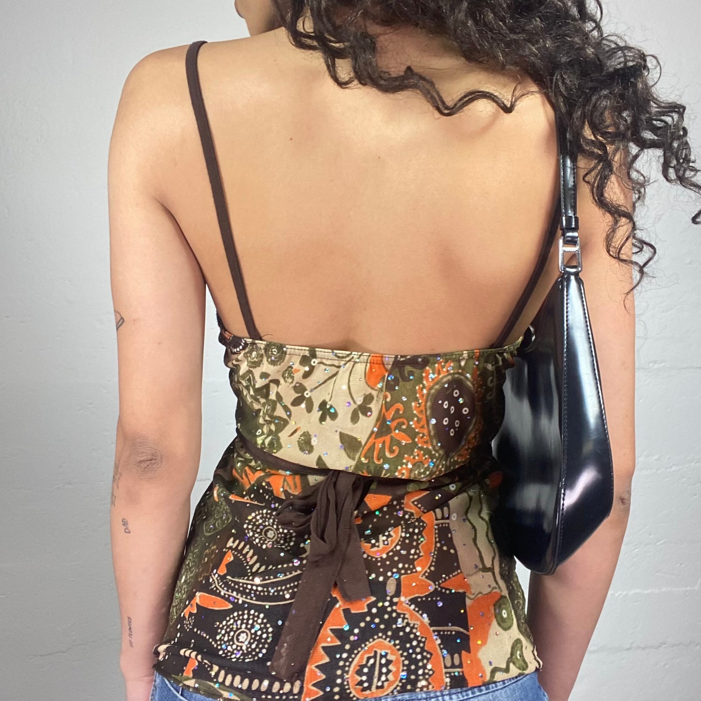 Vintage 2000's Boho Girl Brown Toned Printed Cami Top with Trim Embroidery (S)