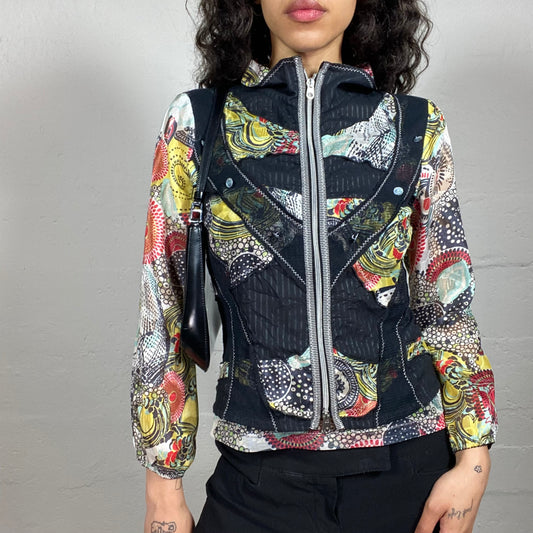 Vintage 2000's Casual Boho Black and Multicolour Zip Up Collared Boho Printed Chiffon Jacket (S)