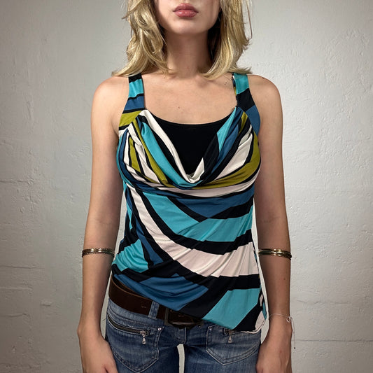 Vintage 2000's Summer Cute Blue and Green Abstract Print Top with Bust Draping (S)