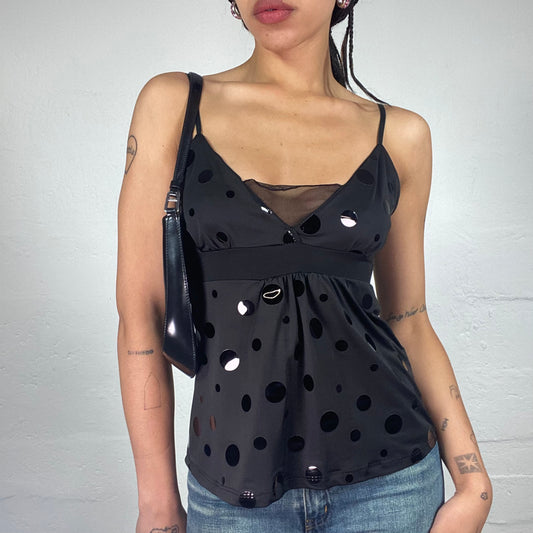 Vintage 2000's Clubwear Black Cami Draped Top with Glossy Polka Dot Patches (S)