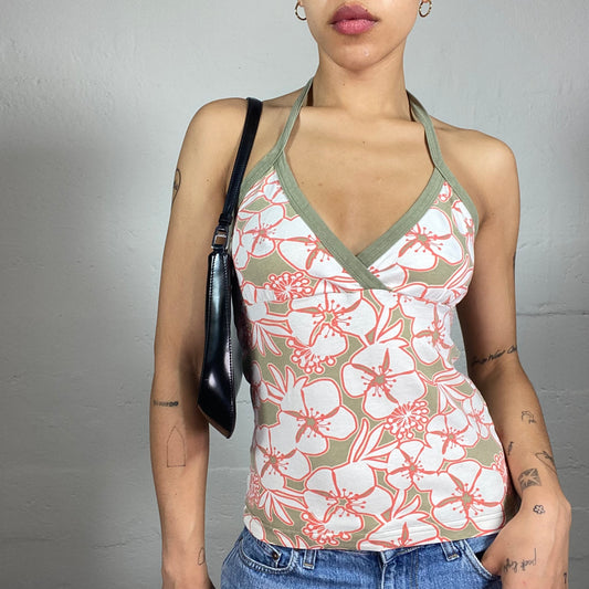 Vintage 2000's Beachwear Khaki Green and Coral Pink Neckholder Top with Floral Print (S)