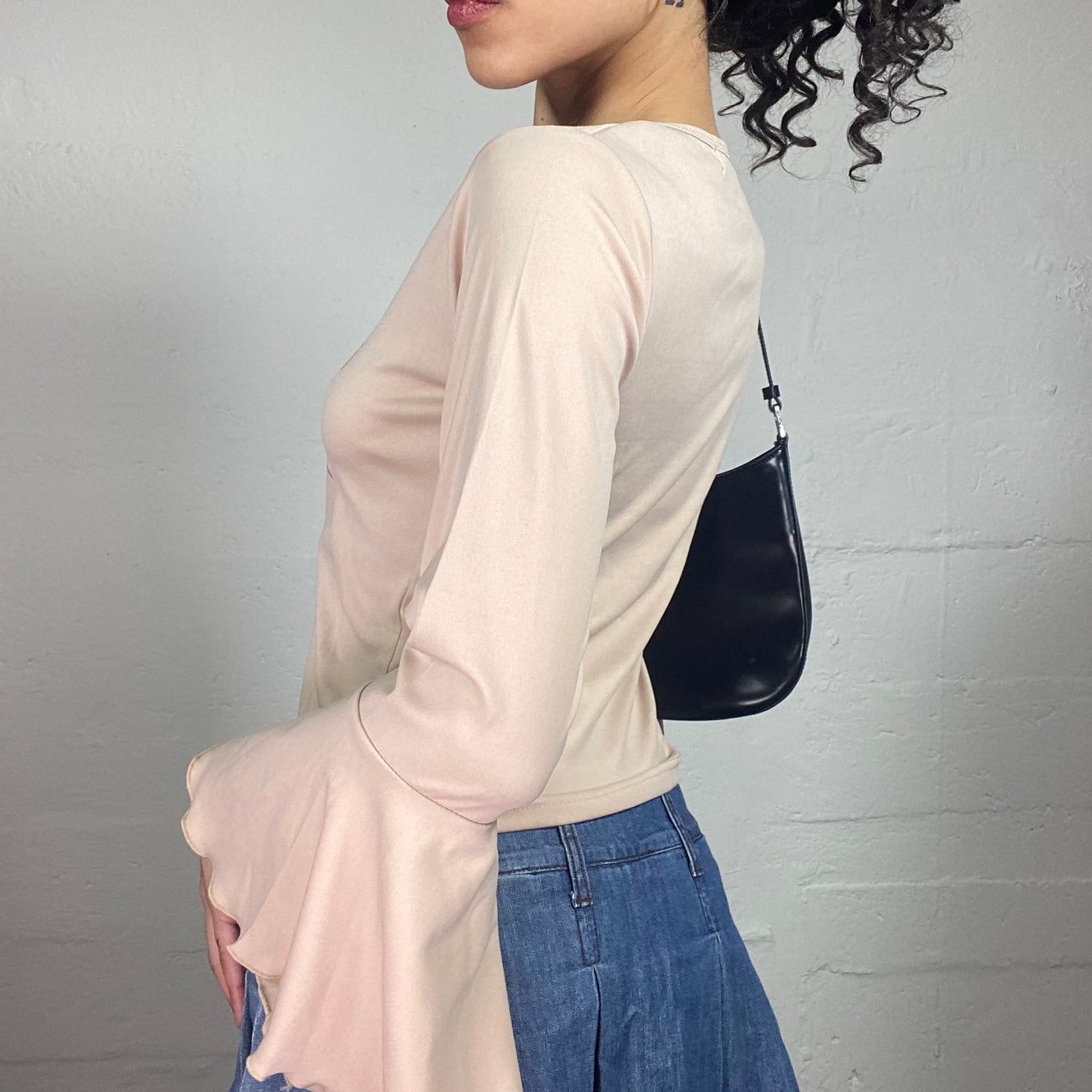 Vintage 2000's Funky Beige Pink Grungy Wild Girl Top with Flared Sleeves (L)