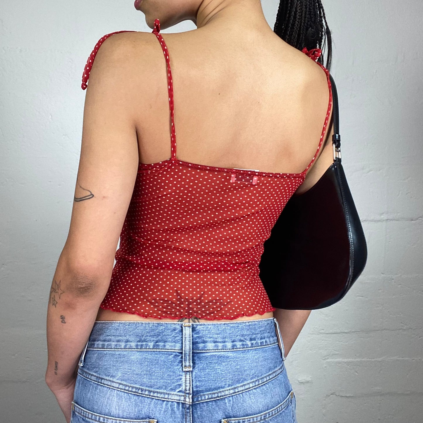 Vintage 2000's Romantic Red Chiffon Cami Too with White Polka Dot Print and Rose Detail (S)