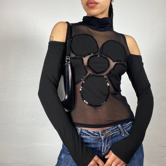 Vintage 2000's Popstar Black Longsleeve Open Shoulders Turtleneck Mesh Front Top with Sequin Decorated Flower Embroidery (S)