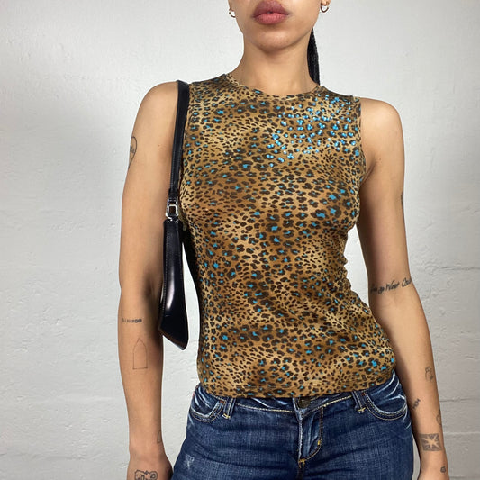 Vintage 2000's Downtown Girl Brown Toned Leo Print Tank Top with Blue Accents (M)