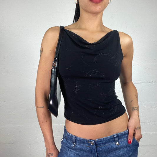 Vintage 2000's Clubwear Black Cropped Cami Draped Neck Top with Glitter Silver Print (S)