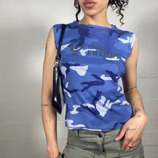 Vintage 2000's Skater Girl Blue Camo Print Tank Top with Freddy Print (S)