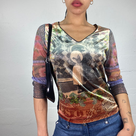 Vintage 2000's Downtown Girl Multicoloured Velour Painting Print 2/4 Sleeve V-Cut Top (M)