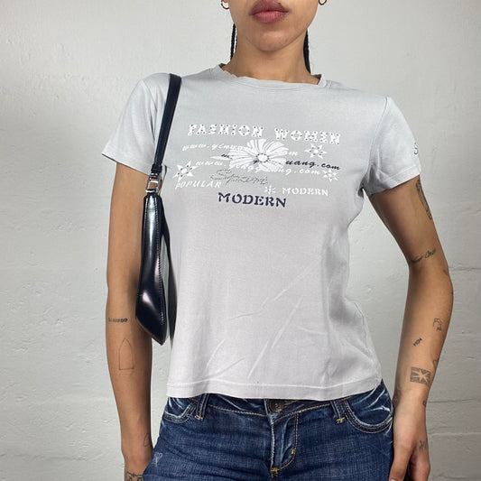 Vintage 2000's Downtown Girl Light Grey Baby Tee with White Typography Print Details (M/L)