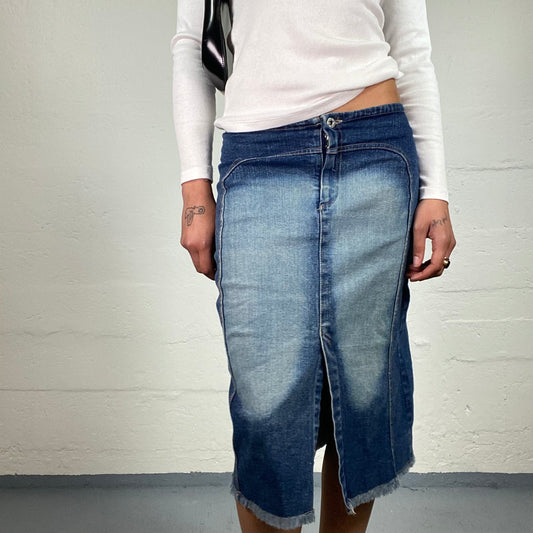 Vintage 2000's Downtown Girl Dark Blue Low Waisted Midi Denim Skirt with Light Wash Outs and Front Cut (S)