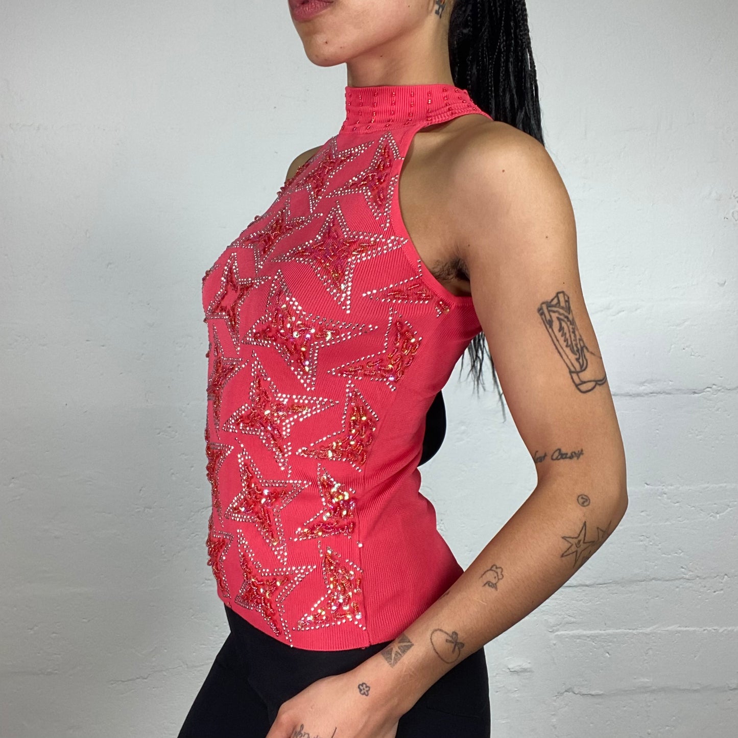 Vintage 2000's Funky Coral Red Turtleneck Jersey Top with Sequins and Rhinestone Stars Embroidery (S)