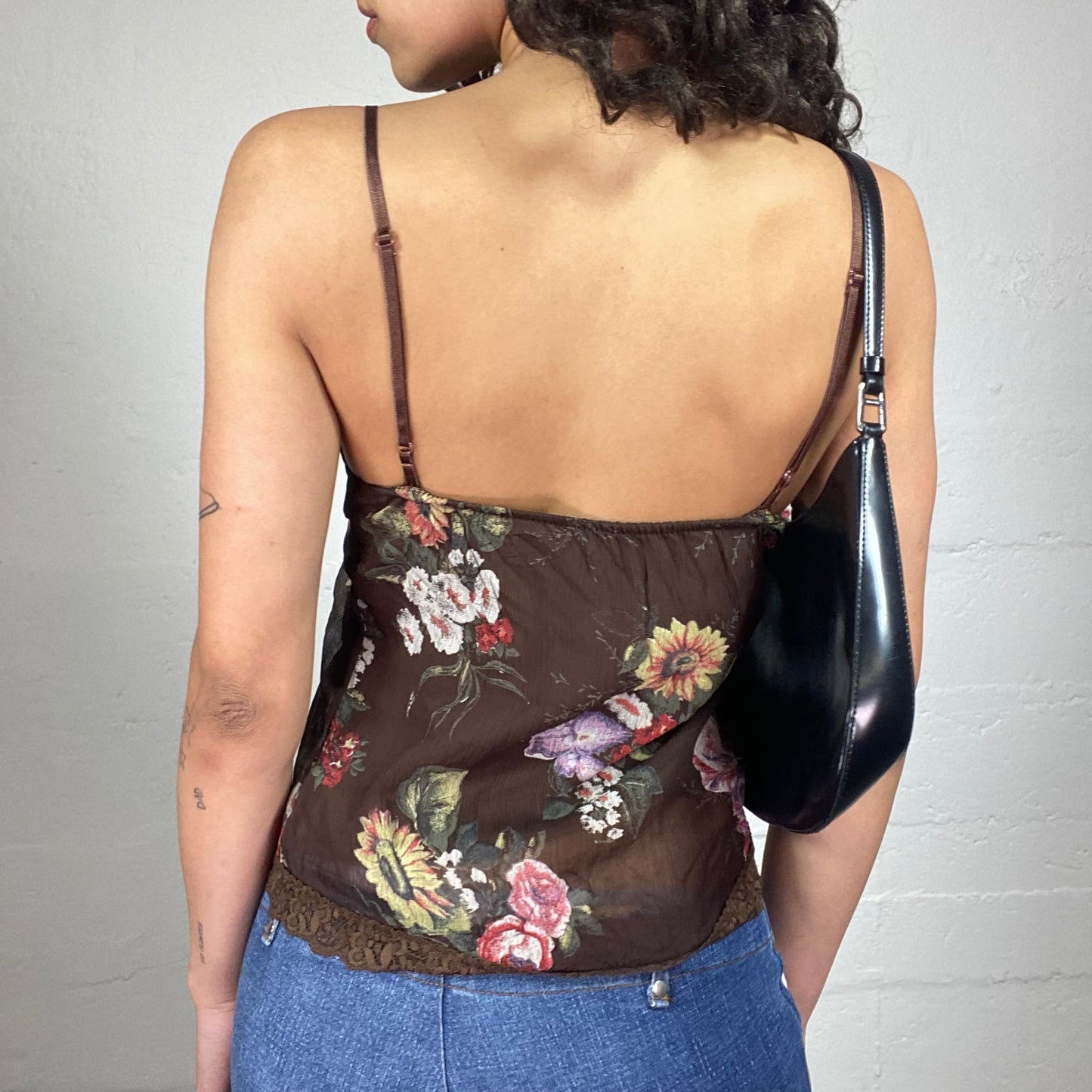 Vintage 2000's Romantic Brown Floral Print Cami Top with Lace Trim (S)