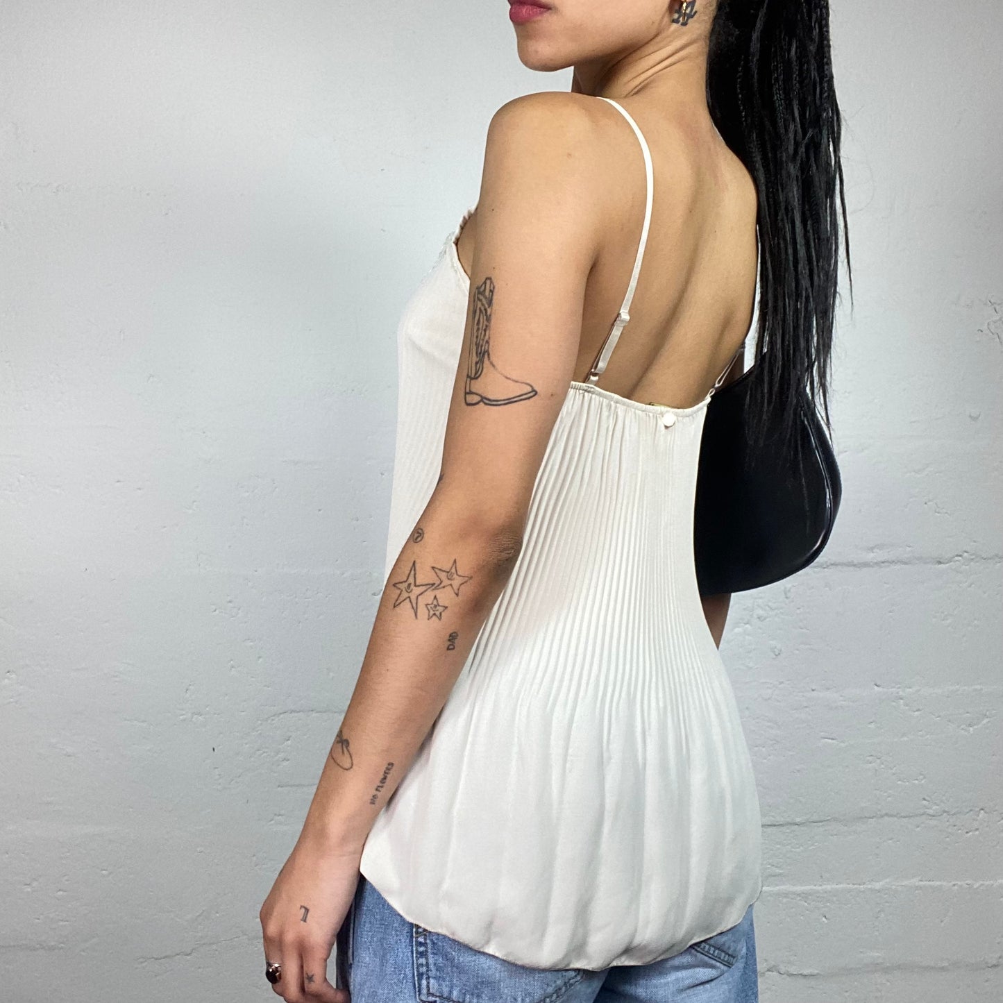 Vintage 2000's Soft Girl White Chiffon Pleated Long Cami Top with Lace Trim (M)