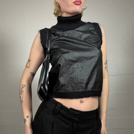 Vintage 2000's Grungy Black Glossy High Neck Tank Top with Knitted Details (S)
