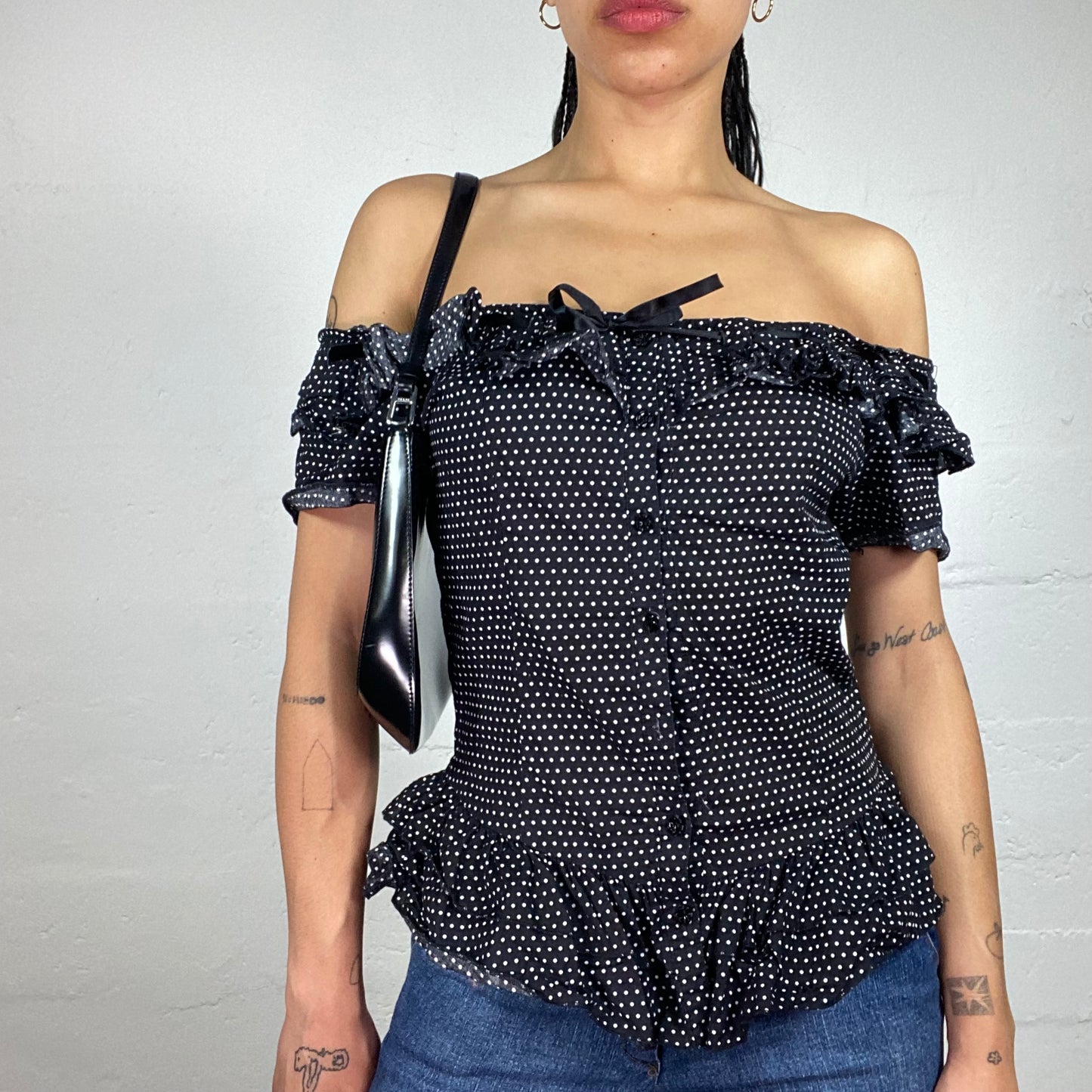 Vintage 2000's Morgan Coquette Black Off Shoulder Button Up Polka Dot Printed Top with Ribbon Detail (M)