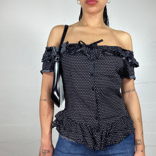 Vintage 2000's Morgan Coquette Black Off Shoulder Button Up Polka Dot Printed Top with Ribbon Detail (M)