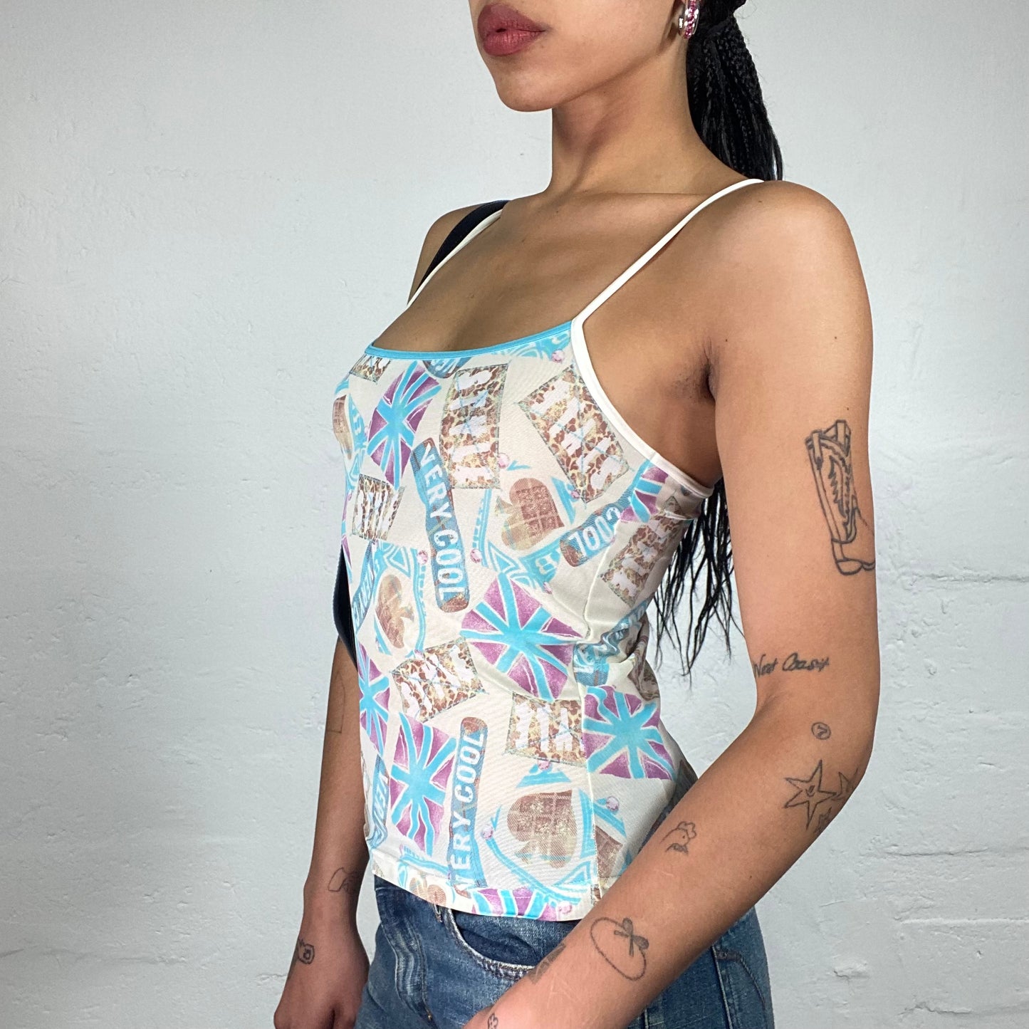 Vintage 2000's Downtown Girl Ivory Faded Effect Blue Toned Flags Print Cami Top (S)