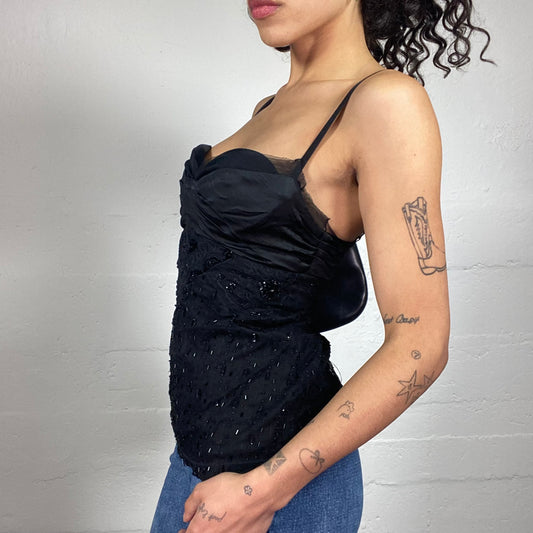 Vintage 2000's Pinko Night Out Black Classy Sequins Decorated Cami Top with Silky Bra Ribbon Detail (M)
