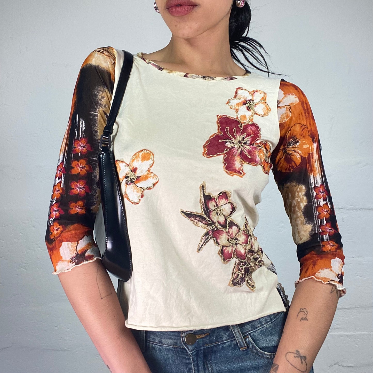 Vintage 2000's Boho Girl Ivory and Orange 3/4 Sleeve Top with Abstract Paiting and Flowers Print (S)