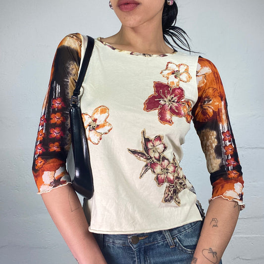 Vintage 2000's Boho Girl Ivory and Orange 3/4 Sleeve Top with Abstract Paiting and Flowers Print (S)