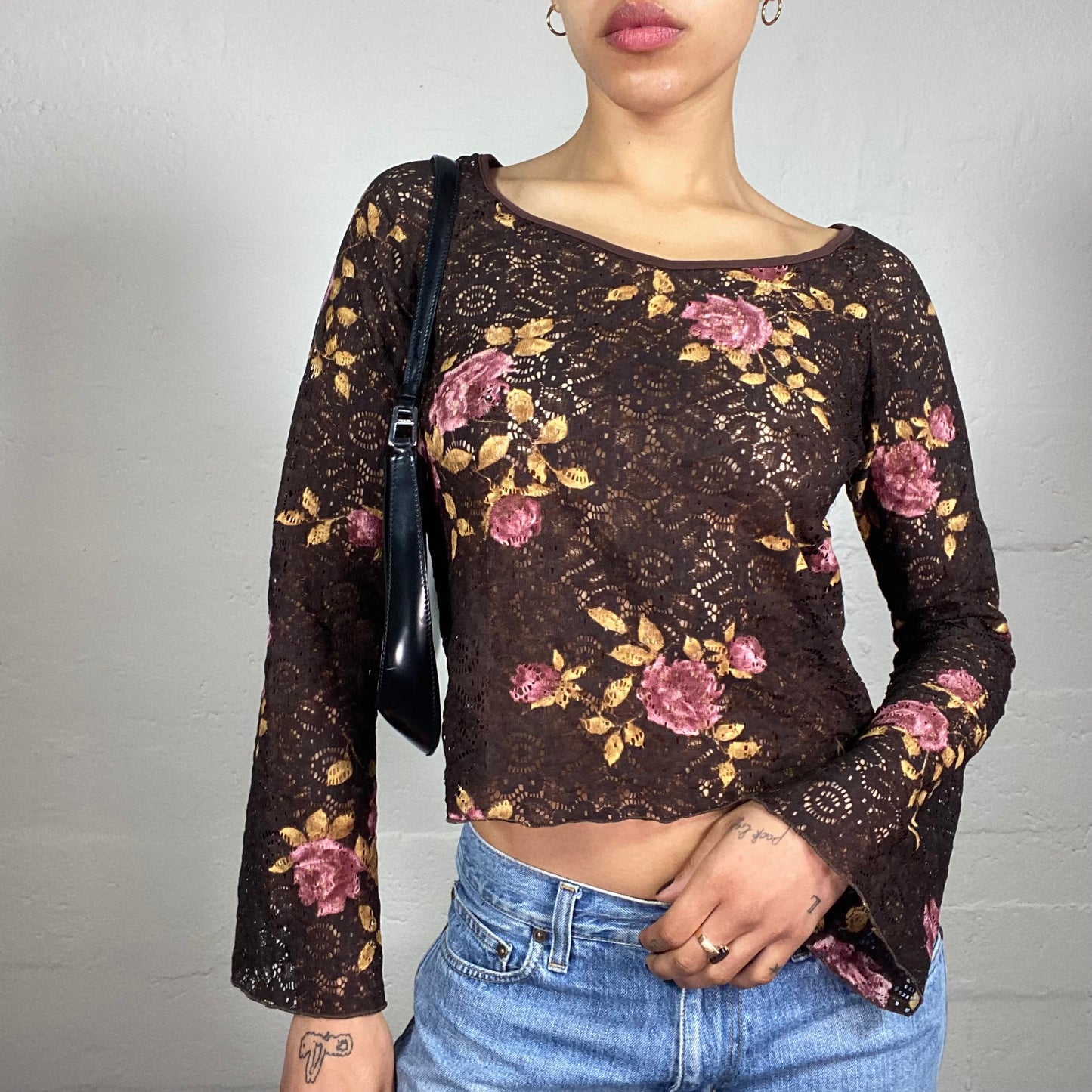 Vintage 2000's Boho Girl Brown Lace Material Floral Print Flare Sleeves Top (S)