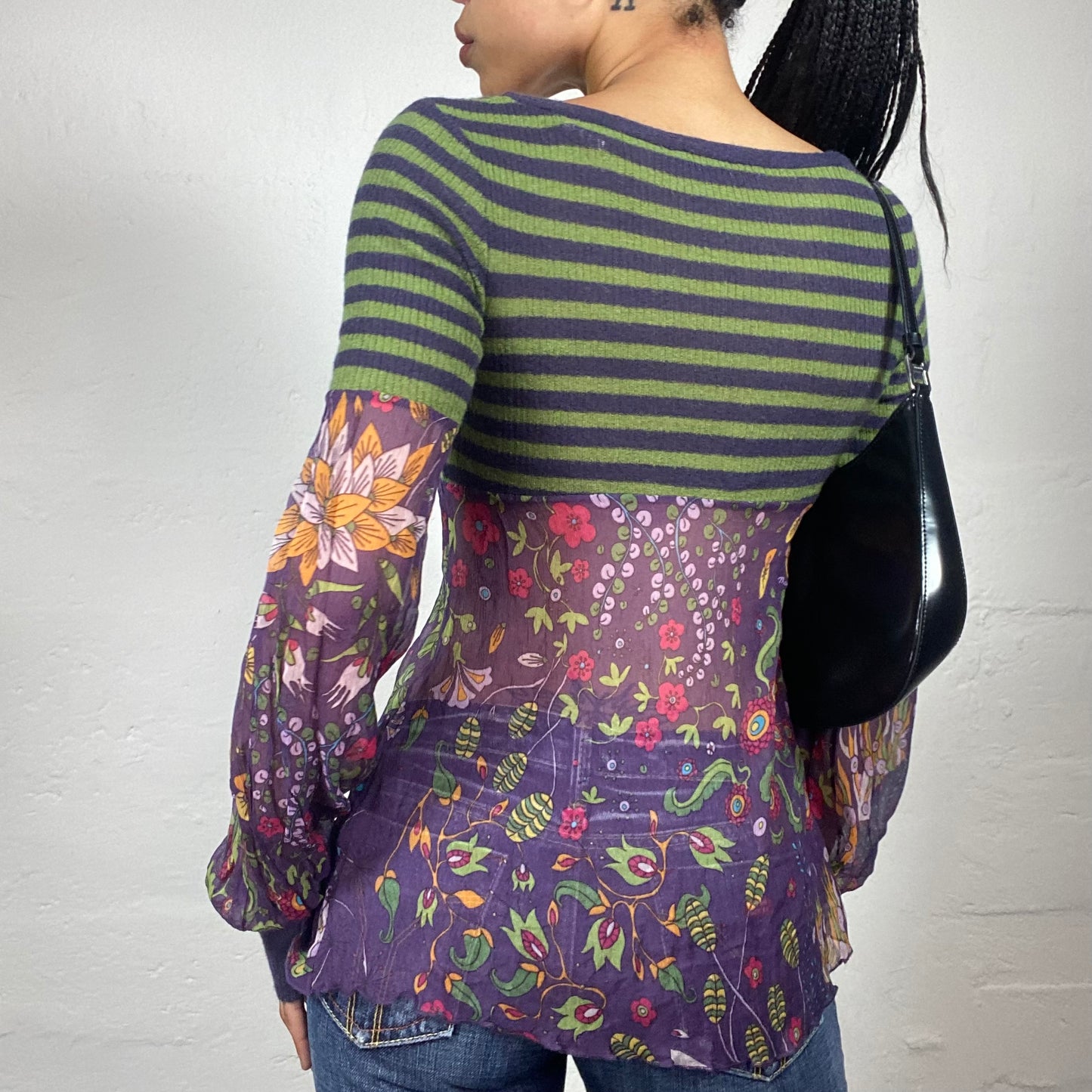 Vintage 2000's Miss Sixty Fairy Girl Green and Blue Striped and Floral Printed on Purple Longsleeve Top (S)