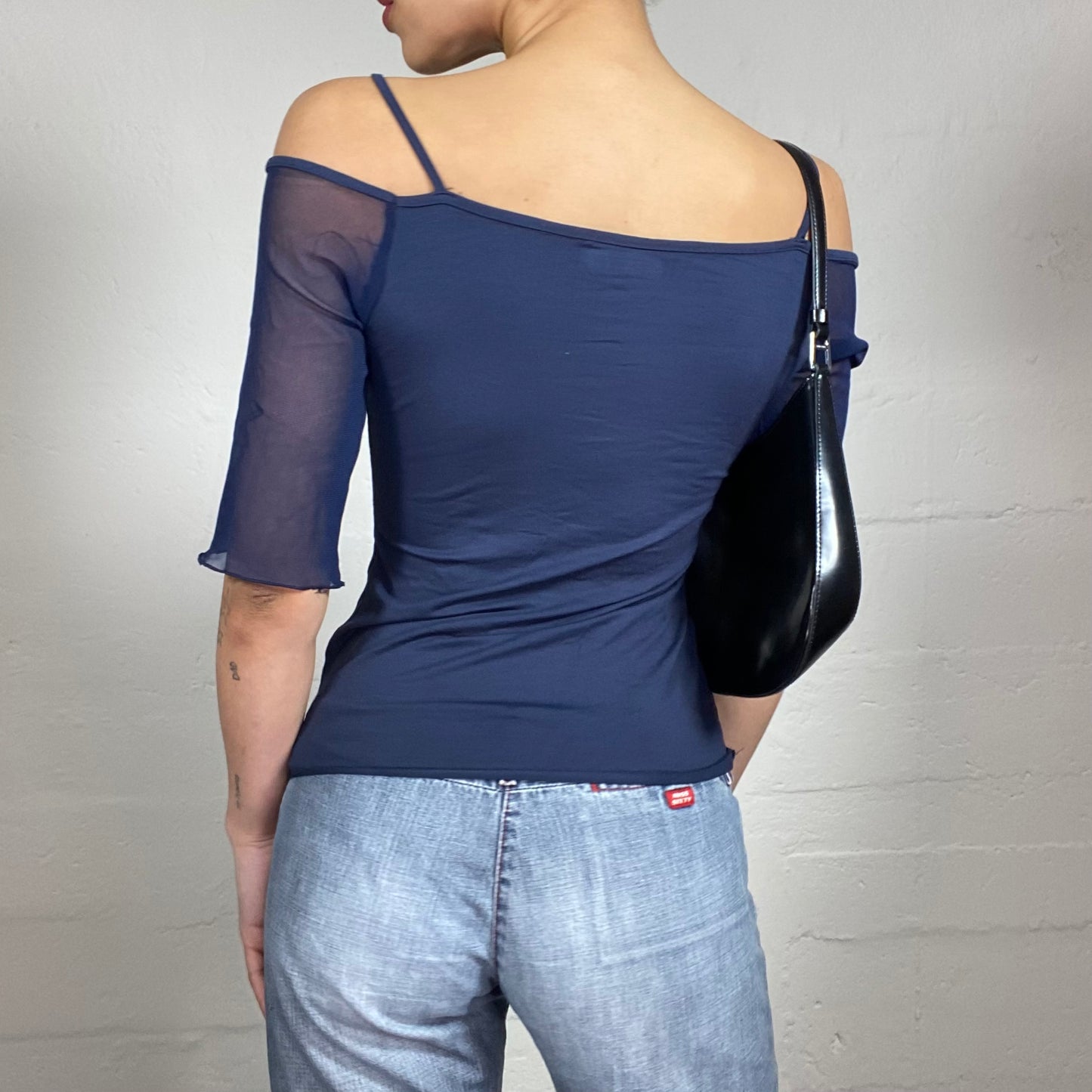 Vintage 2000's Romantic Navy Blue Off Shoulders Mesh Sleeves Half Cami Top (S)