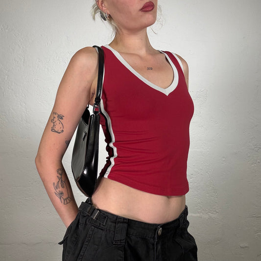 Vintage 2000's Sporty Red V-Neck Tank Tip with White Trim (S)